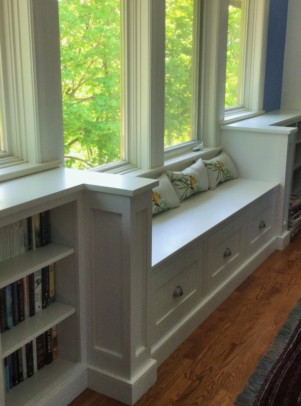Custom window seat and bookshelf